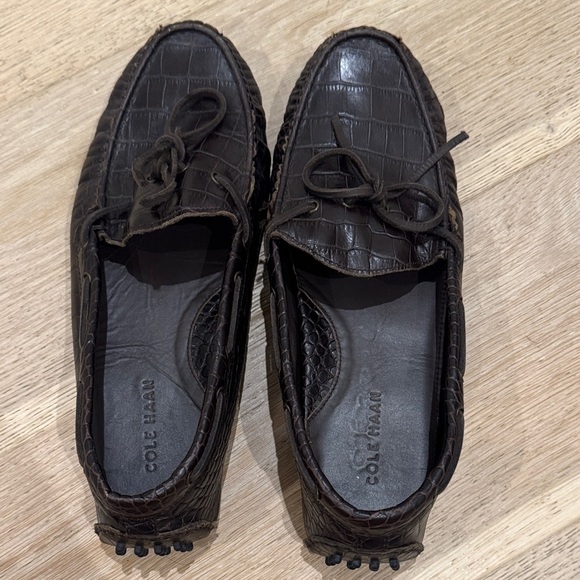 Cole Haan Dark Brown Croc-Embossed Leather Driving Moccasins